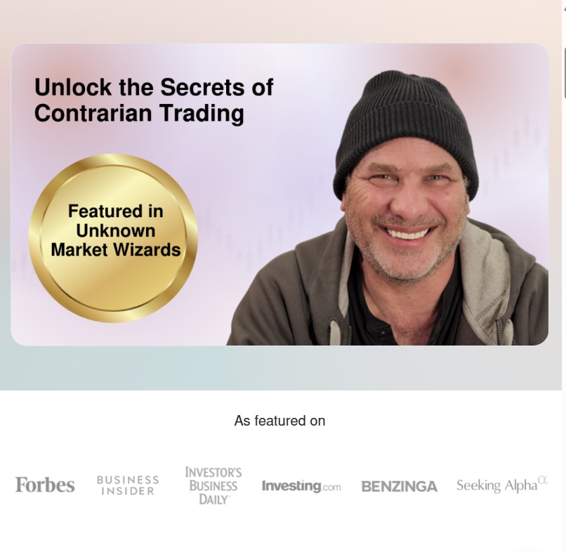 Cover image for TraderLion’s “Unlock the Secrets of Contrarian Trading” featuring Jason Shapiro with market data and trading charts.