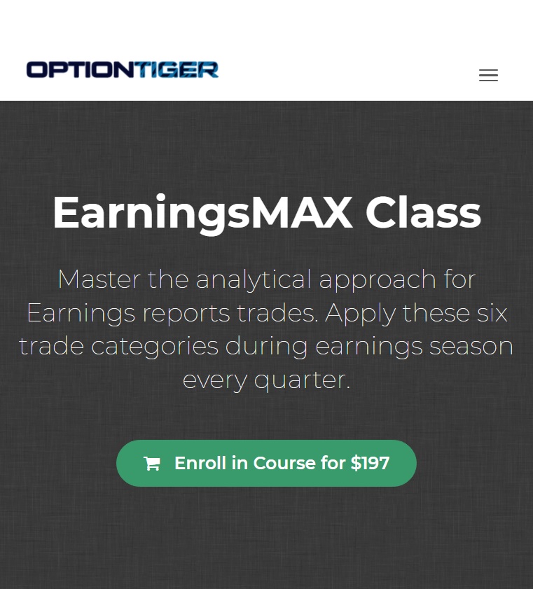 Cover image for Option Tiger EarningsMAX Course showing course title and options trading
