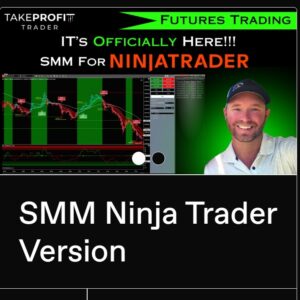 Product cover for SMM Take Profit Trader for NT8 showing trading interface with automated take profit and market trend indicators.
