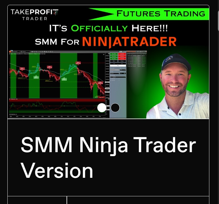 Product cover for SMM Take Profit Trader for NT8 showing trading interface with automated take profit and market trend indicators.